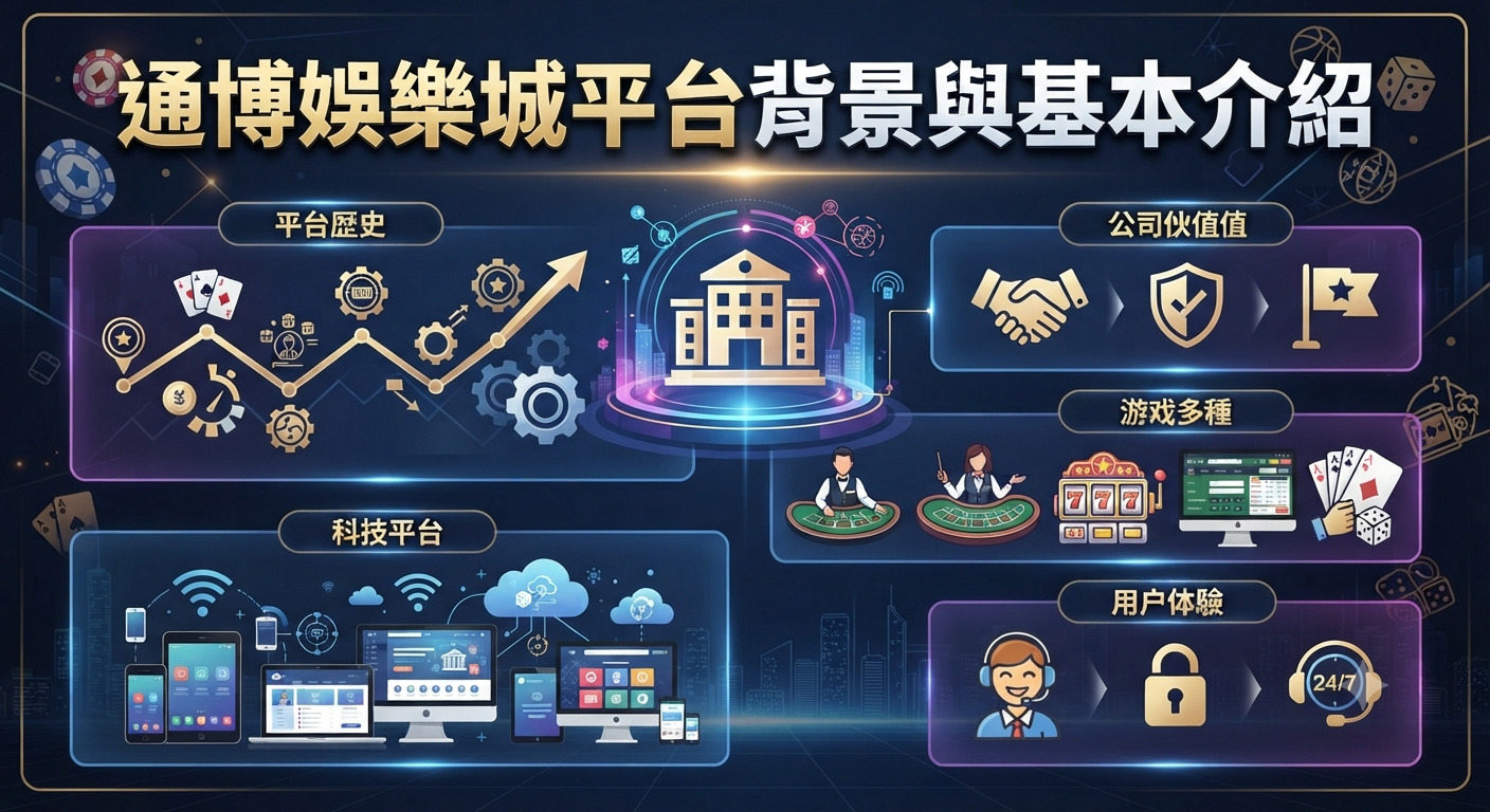 這張圖片展示了通博娛樂城平台背景與基本介紹的視覺化資訊圖表。 畫面採用深色科技風設計，並融合了多媒體圖標與各項平台功能的佈局。
