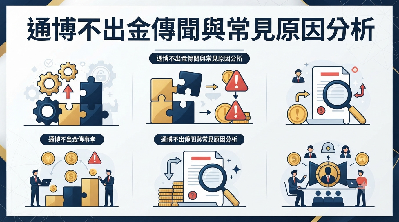 本圖片為「通博不出金傳聞與常見原因分析」的主題圖表，上方醒目地展示了完整的繁體中文標題。 畫面下方則配合標題內容，以六個區塊的資訊圖表與插圖來分析相關原因與現象。